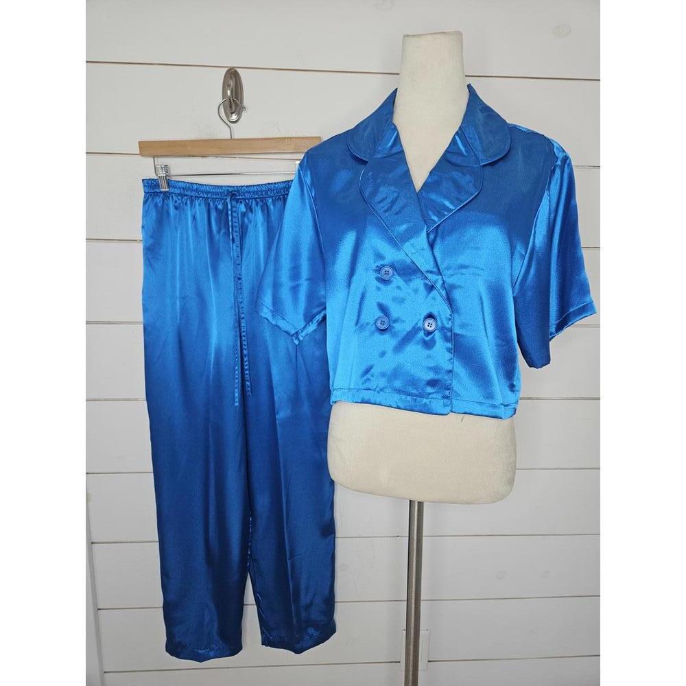 Morgan Taylor medium blue satin short sleeve crop top & pants pajamas